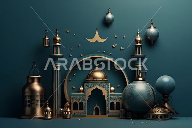 Eid and Ramadan, blue and gold poster with a mosque, Generative