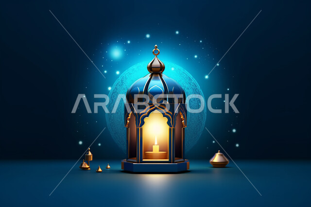 خلفية زخارف اسلاميه ثري دي, تحف واكسسوارات شهر رمضان المبارك ، مجسمات ثلاثية الابعاد لفوانيس زرقاء مزخرفة، زينة وأنوار للاعياد والمناسبات، عساكم من عواده ، قدوم شهر الخير, خلفية زرقاء