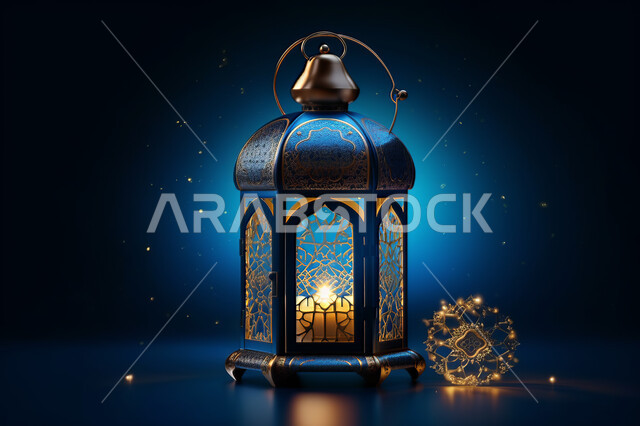 خلفية زخارف اسلاميه ثري دي, تحف واكسسوارات شهر رمضان المبارك ، مجسمات ثلاثية الابعاد لفوانيس زرقاء مزخرفة، زينة وأنوار للاعياد والمناسبات، عساكم من عواده ، قدوم شهر الخير, خلفية زرقاء