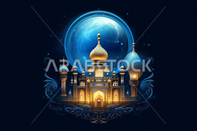 Eid and Ramadan, blue and gold poster with a mosque, Generative