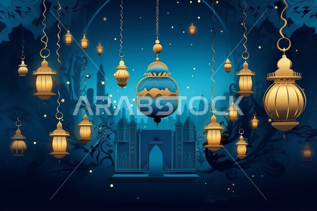 خلفية زخارف اسلاميه ثري دي, تحف واكسسوارات شهر رمضان المبارك ، مجسمات ثلاثية الابعاد لفوانيس زرقاء مزخرفة، زينة وأنوار للاعياد والمناسبات، عساكم من عواده ، قدوم شهر الخير, خلفية زرقاء