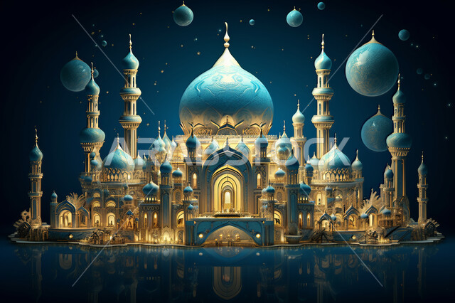 Eid and Ramadan, blue and gold poster with a mosque, Generative