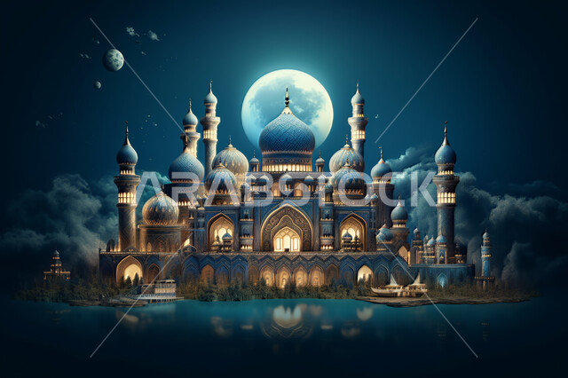 Eid and Ramadan, blue and gold poster with a mosque, Generative