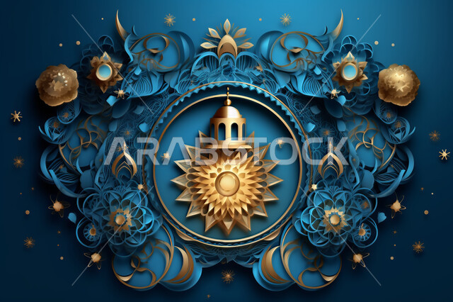 خلفية زخارف اسلاميه ثري دي, تحف واكسسوارات شهر رمضان المبارك ، مجسمات ثلاثية الابعاد لفوانيس زرقاء مزخرفة، زينة وأنوار للاعياد والمناسبات، عساكم من عواده ، قدوم شهر الخير, خلفية زرقاء