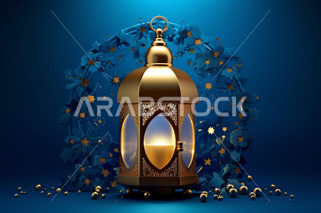 خلفية زخارف اسلاميه ثري دي, تحف واكسسوارات شهر رمضان المبارك ، مجسمات ثلاثية الابعاد لفوانيس زرقاء مزخرفة، زينة وأنوار للاعياد والمناسبات، عساكم من عواده ، قدوم شهر الخير, خلفية زرقاء