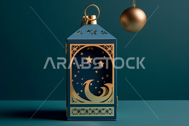 خلفية زخارف اسلاميه ثري دي, تحف واكسسوارات شهر رمضان المبارك ، مجسمات ثلاثية الابعاد لفوانيس زرقاء مزخرفة، زينة وأنوار للاعياد والمناسبات، عساكم من عواده ، قدوم شهر الخير, خلفية زرقاء