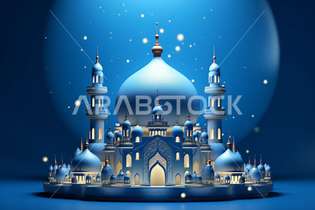 مجسمات ثلاثية الابعاد  لقبب ومساجد زرقاء ،زينة الاعياد والمناسبات الدينية، عساكم من عواده ، قدوم شهر الخير ، اسلاميات و عباده, خلفية زخارف اسلاميه ثري دي, خلفية زرقاء