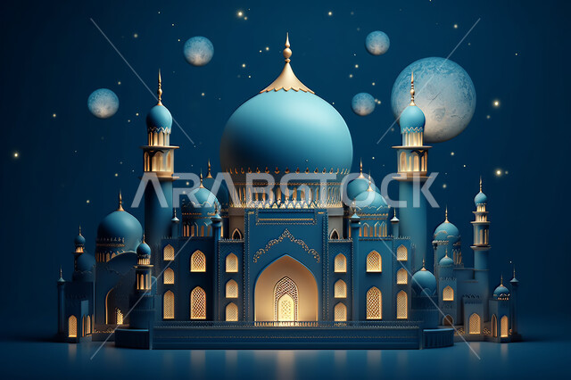 3D models of blue domes and mosques, decorations for holidays and religious occasions, may you be blessed, the advent of the month of goodness, Islam and worship, 3D Islamic decorations background