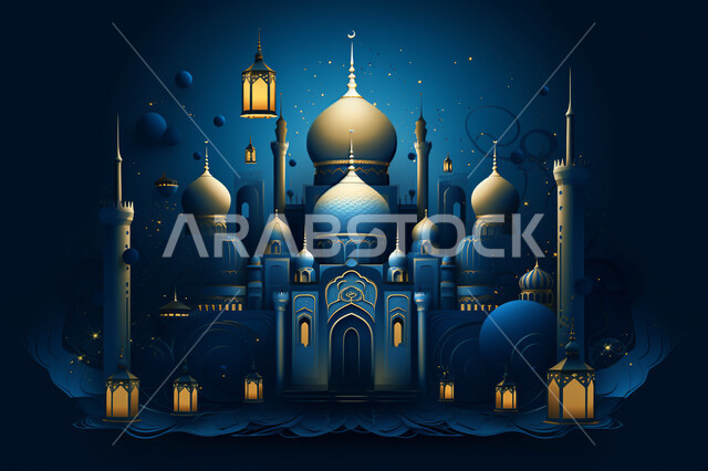 مجسمات ثلاثية الابعاد  لقبب ومساجد زرقاء ،زينة الاعياد والمناسبات الدينية، عساكم من عواده ، قدوم شهر الخير ، اسلاميات و عباده, خلفية زخارف اسلاميه ثري دي, خلفية زرقاء