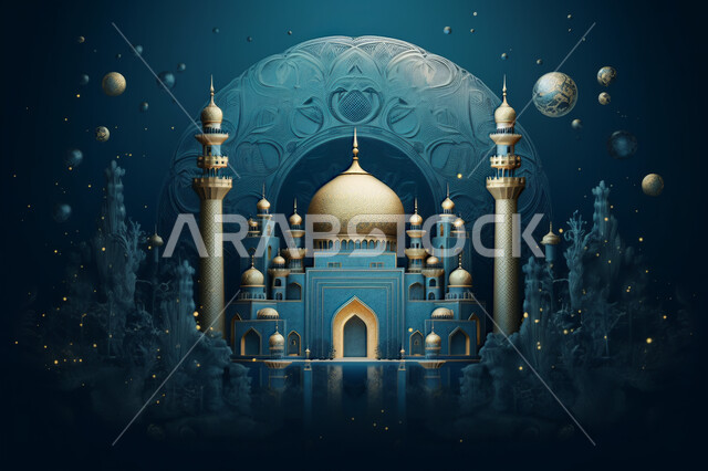 3D models of blue domes and mosques, decorations for holidays and religious occasions, may you be blessed, the advent of the month of goodness, Islam and worship, 3D Islamic decorations background