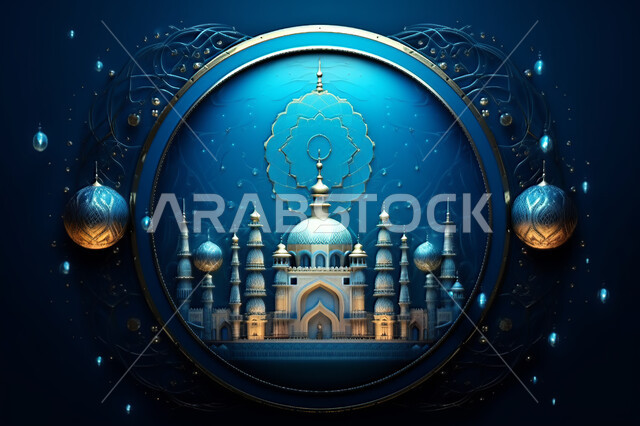 مجسمات ثلاثية الابعاد  لقبب ومساجد زرقاء ،زينة الاعياد والمناسبات الدينية، عساكم من عواده ، قدوم شهر الخير ، اسلاميات و عباده, خلفية زخارف اسلاميه ثري دي, خلفية زرقاء