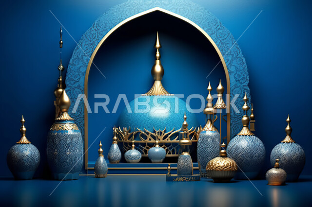 مجسمات ثلاثية الابعاد  لقبب ومساجد زرقاء ،زينة الاعياد والمناسبات الدينية، عساكم من عواده ، قدوم شهر الخير ، اسلاميات و عباده, خلفية زخارف اسلاميه ثري دي, خلفية زرقاء