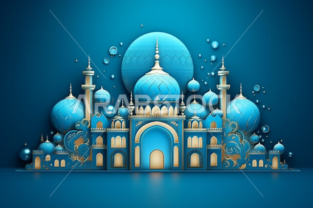 مجسمات ثلاثية الابعاد  لقبب ومساجد زرقاء ،زينة الاعياد والمناسبات الدينية، عساكم من عواده ، قدوم شهر الخير ، اسلاميات و عباده, خلفية زخارف اسلاميه ثري دي, خلفية زرقاء