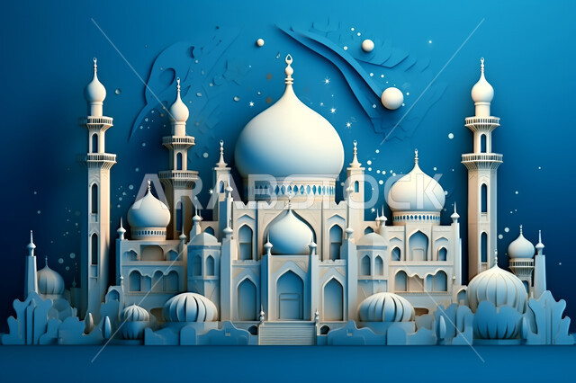 مجسمات ثلاثية الابعاد  لقبب ومساجد زرقاء ،زينة الاعياد والمناسبات الدينية، عساكم من عواده ، قدوم شهر الخير ، اسلاميات و عباده, خلفية زخارف اسلاميه ثري دي, خلفية زرقاء