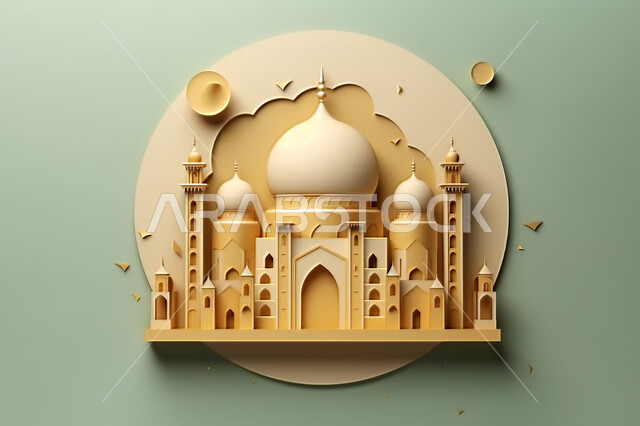 3D Islamic decorations background, Islam and worship, 3D models of mosques and domes, decorations for holidays and religious occasions, may you be happy, the advent of the month of goodness