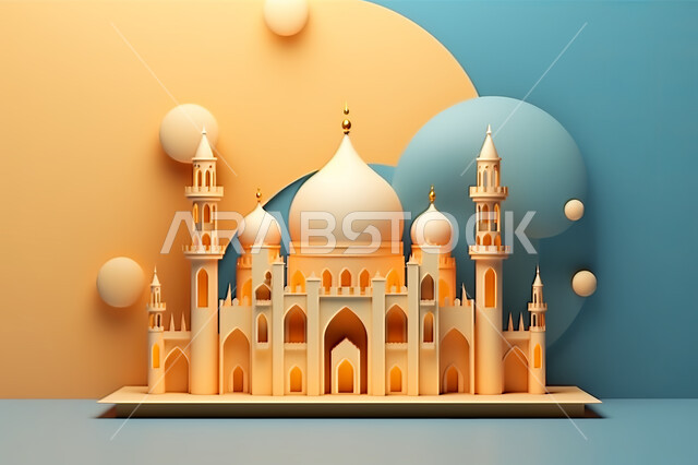 اسلاميات و عباده, مجسمات ثلاثية الابعاد لمساجد وقبب ،زينة الاعياد والمناسبات الدينية، عساكم من عواده ، قدوم شهر الخير ، خلفية زخارف اسلاميه ثري دي, خلفية زرقاء