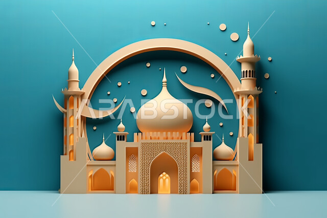 اسلاميات و عباده, مجسمات ثلاثية الابعاد لمساجد وقبب ،زينة الاعياد والمناسبات الدينية، عساكم من عواده ، قدوم شهر الخير ، خلفية زخارف اسلاميه ثري دي, خلفية زرقاء