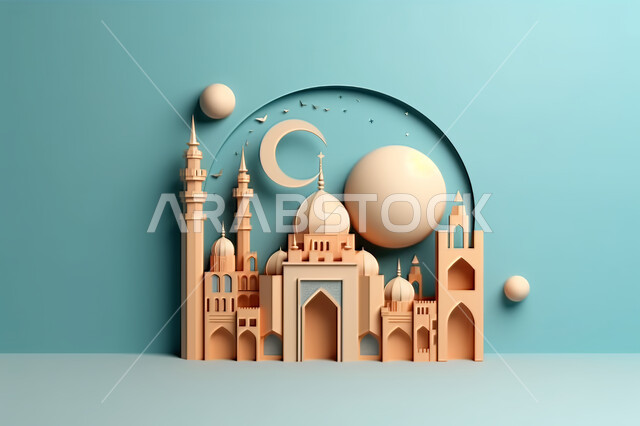 اسلاميات و عباده, مجسمات ثلاثية الابعاد لمساجد وقبب ،زينة الاعياد والمناسبات الدينية، عساكم من عواده ، قدوم شهر الخير ، خلفية زخارف اسلاميه ثري دي, خلفية زرقاء