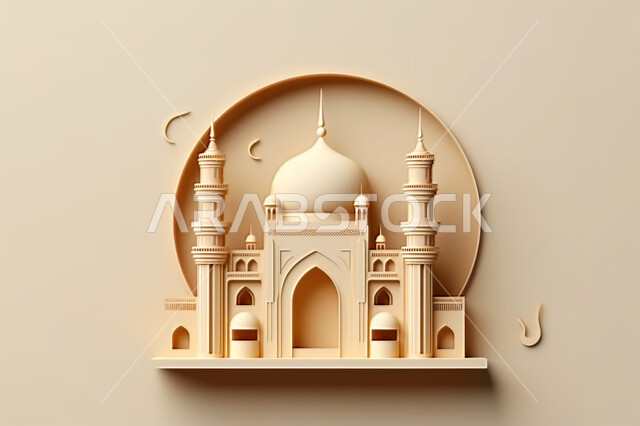 3D Islamic decorations background, Islam and worship, 3D models of mosques and domes, decorations for holidays and religious occasions, may you be happy, the advent of the month of goodness
