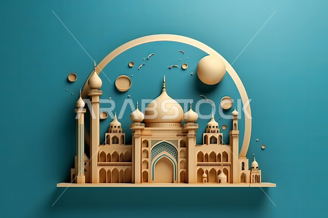اسلاميات و عباده, مجسمات ثلاثية الابعاد  لمساجد وقبب ،زينة الاعياد والمناسبات الدينية، عساكم من عواده ، قدوم شهر الخير ، خلفية زخارف اسلاميه ثري دي, خلفية زرقاء