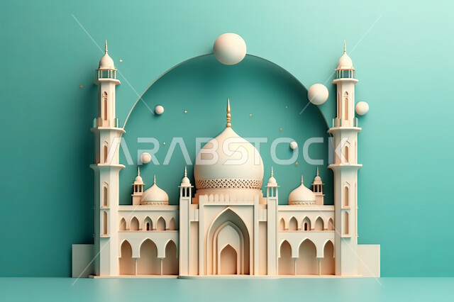 اسلاميات و عباده, مجسمات ثلاثية الابعاد  لمساجد وقبب ،زينة الاعياد والمناسبات الدينية، عساكم من عواده ، قدوم شهر الخير ، خلفية زخارف اسلاميه ثري دي, خلفية زرقاء