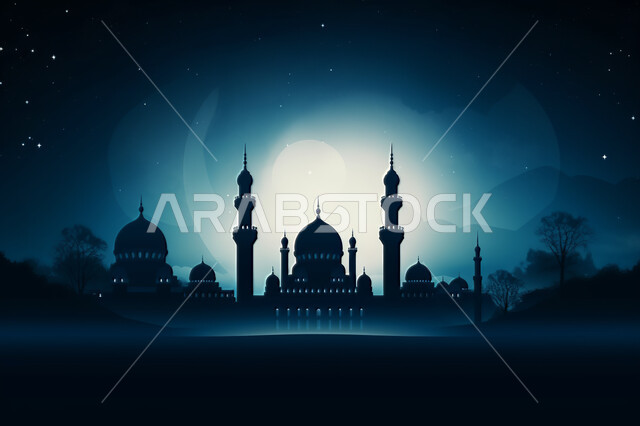 A landscape of scattered stars in the night sky, wallpapers of Islamic mosques in night mode, a distinctive Islamic mosque design, worship and prayer in mosques, Ramadan wallpapers and decorations, engineering and architectural art of ancient historical m