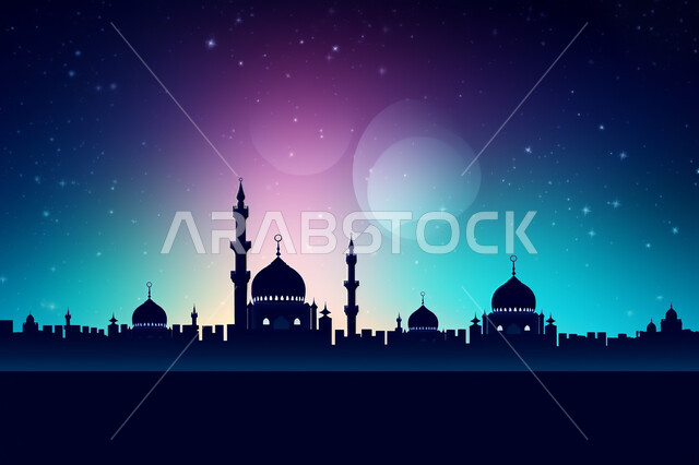 A landscape of scattered stars in the night sky, wallpapers of Islamic mosques in night mode, a distinctive Islamic mosque design, worship and prayer in mosques, Ramadan wallpapers and decorations, engineering and architectural art of ancient historical m