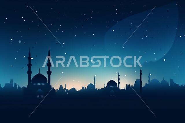 A landscape of scattered stars in the night sky, wallpapers of Islamic mosques in night mode, a distinctive Islamic mosque design, worship and prayer in mosques, Ramadan wallpapers and decorations, engineering and architectural art of ancient historical m