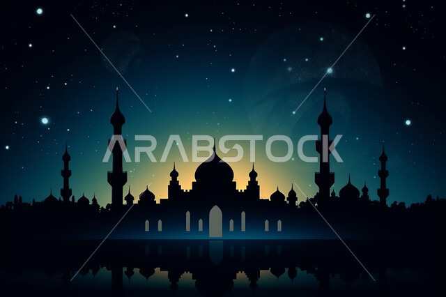 A landscape of scattered stars in the night sky, wallpapers of Islamic mosques in night mode, a distinctive Islamic mosque design, worship and prayer in mosques, Ramadan wallpapers and decorations, engineering and architectural art of ancient historical m