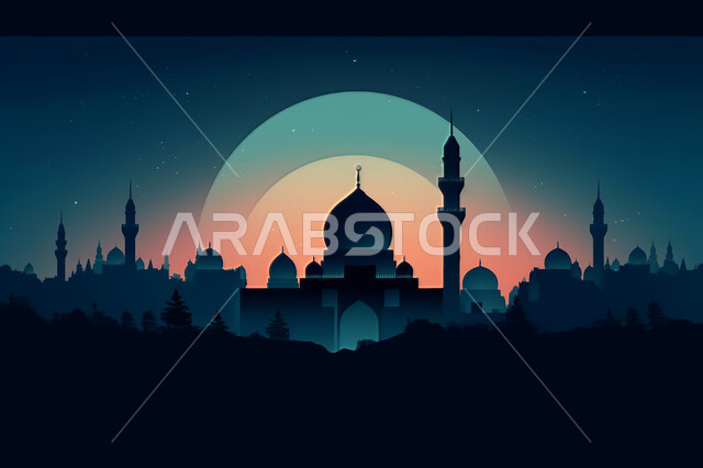 A landscape of scattered stars in the night sky, wallpapers of Islamic mosques in night mode, a distinctive Islamic mosque design, worship and prayer in mosques, Ramadan wallpapers and decorations, engineering and architectural art of ancient historical m