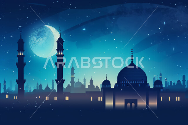 A landscape of scattered stars in the night sky, wallpapers of Islamic mosques in night mode, a distinctive Islamic mosque design, worship and prayer in mosques, Ramadan wallpapers and decorations, engineering and architectural art of ancient historical m