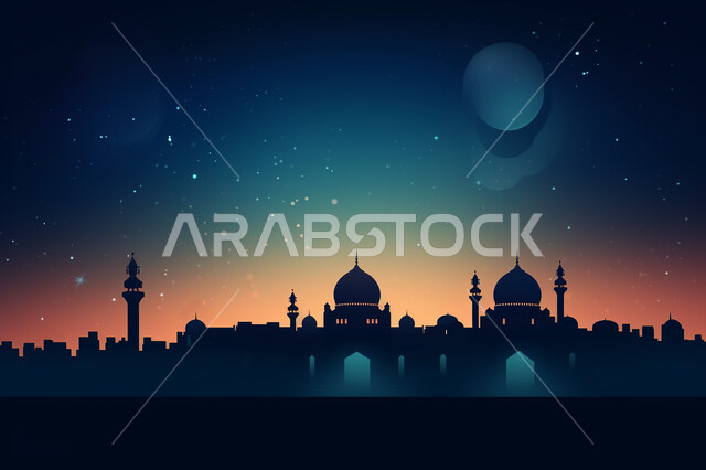 Islamic mosque wallpapers in night mode, distinguished Islamic mosque design, worship and prayer performance in mosques, Ramadan wallpapers and decorations, engineering and architectural art of ancient historical mosques, a landscape of stars scattered in