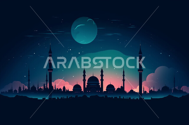 خلفيات مساجد اسلاميه في وضع الليل، تصميم مسجد اسلامي متميز ، العباده واداء الصلاه في المساجد، خلفيات وديكورات رمضانيه، الفن الهندسي والمعماري للمساجد التاريخيه  القديمه، منظر طبيعي للنجوم المتناثره في السماء ليلا