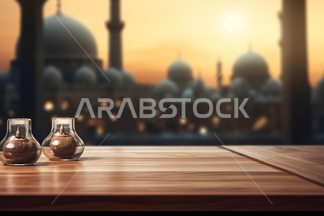Close-up of antiques and decorative accessories on a wooden table, blurry background of an ancient Islamic mosque, distinctive engineering and architectural art, Islamic background