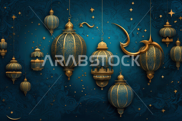 خلفية زخارف اسلاميه ثري دي, تحف واكسسوارات شهر رمضان المبارك ، مجسمات ثلاثية الابعاد لفوانيس زرقاء مزخرفة، زينة وأنوار للاعياد والمناسبات، عساكم من عواده ، قدوم شهر الخير, خلفية زرقاء