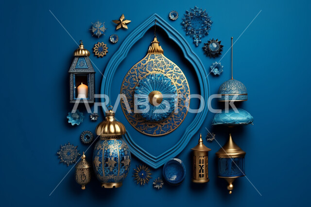 خلفية زخارف اسلاميه ثري دي, تحف واكسسوارات شهر رمضان المبارك ، مجسمات ثلاثية الابعاد لفوانيس زرقاء مزخرفة، زينة وأنوار للاعياد والمناسبات، عساكم من عواده ، قدوم شهر الخير, خلفية زرقاء