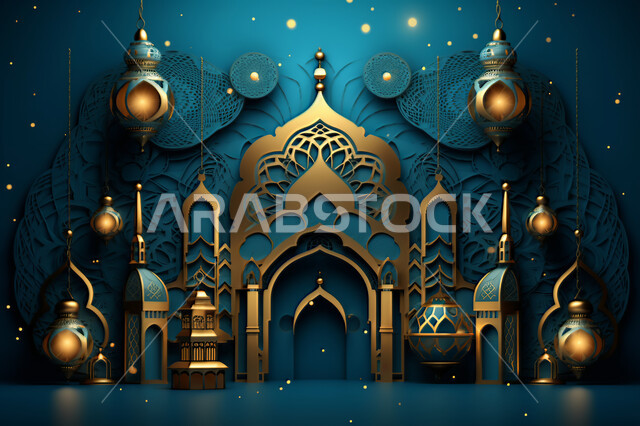 خلفية زخارف اسلاميه ثري دي, تحف واكسسوارات شهر رمضان المبارك ، مجسمات ثلاثية الابعاد لفوانيس زرقاء مزخرفة، زينة وأنوار للاعياد والمناسبات، عساكم من عواده ، قدوم شهر الخير, خلفية زرقاء