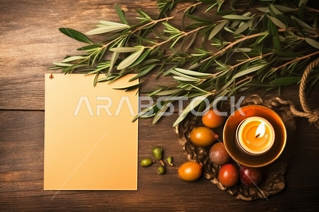 ديكورات شموع مضيئه، أجواء هادئه ومريحه ،منظر علوي لدفتر مذكرات مع طبق من حبات التمر على سطح خشبي ،  ورق ملاحظات ابيض فارغ ،افطار و سناك صحي ،  وقت البريك