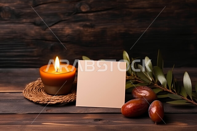 ورق ملاحظات ابيض فارغ, ديكورات شموع مضيئه، أجواء هادئه ومريحه ،منظر علوي لدفتر مذكرات مع طبق من حبات التمر على سطح خشبي  ،افطار و سناك صحي ، وقت البريك