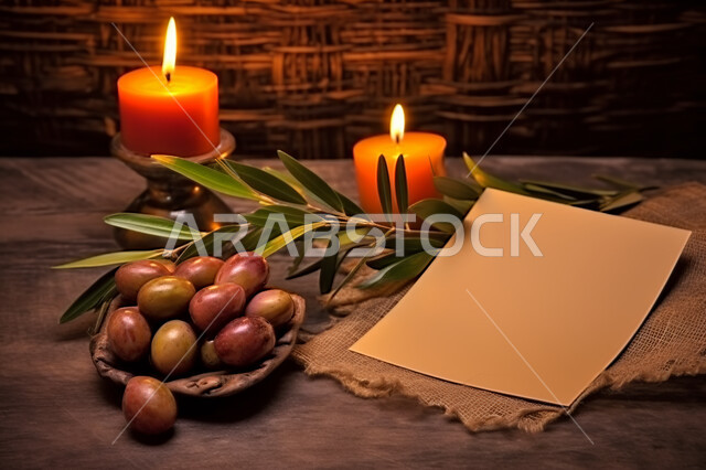 افطار و سناك صحي ، ورق ملاحظات ابيض فارغ, ديكورات شموع مضيئه، أجواء هادئه ومريحه ،منظر علوي لدفتر مذكرات مع طبق من حبات الزيتون على سطح خشبي  ، وقت البريك