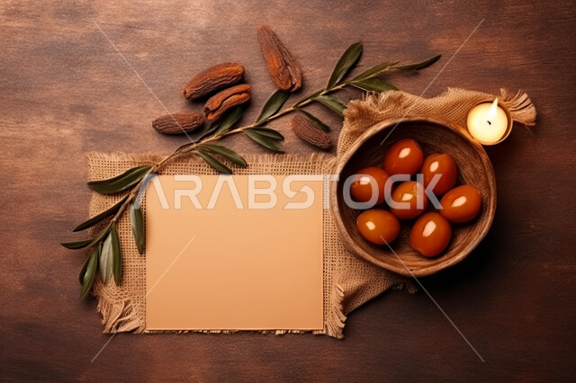 ورق ملاحظات ابيض فارغ, ديكورات شموع مضيئه، أجواء هادئه ومريحه ،منظر علوي لدفتر مذكرات مع طبق من حبات التمر على سطح خشبي  ،افطار و سناك صحي ، وقت البريك