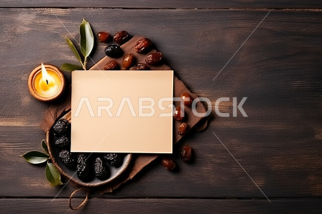 Quiet and comfortable atmosphere, top view of a diary notebook with a plate of dates and a cup of hot tea on a wooden surface, luminous candle decorations, blank white note paper, note paper, breakfast and a healthy snack, break time