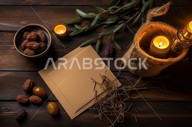 منظر علوي لدفتر مذكرات مع طبق من حبات التمر على سطح خشبي ، ديكورات شموع مضيئه، ورق ملاحظات ابيض فارغ ،افطار و سناك صحي ، أجواء هادئه ومريحه ، وقت البريك