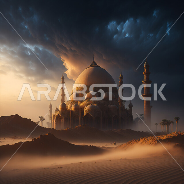 الكثبان الرملية في المناطق الصحراوية، صورة مقربة لمسجد بتصاميم مميزة،   تلال رملية، الفن  الهندسي الاسلامي المعماري،  معالم دينية و اماكن اسلامية مقدسة, خلفية السماء الملبدة بالغيوم