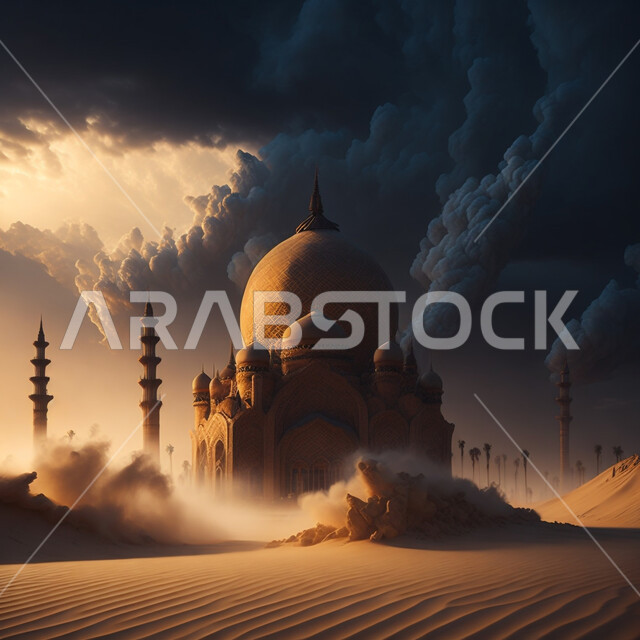 صورة مقربة لمسجد بتصاميم مميزة، الكثبان الرملية في المناطق الصحراوية،  تلال رملية، الفن  الهندسي الاسلامي المعماري،  معالم دينية و اماكن اسلامية مقدسةخلفية السماء الملبدة بالغيوم