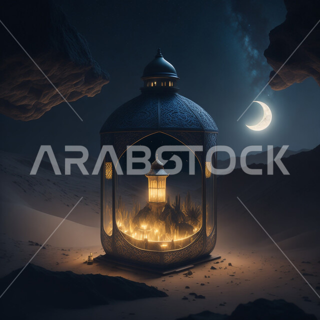 اسلاميات وعبادة, تحف واكسسوارات شهر رمضان المبارك ، مجسمات ثلاثية الابعاد لفانوس معدني مزخرف، زينة وأنوار للاعياد والمناسبات، خلفية الصحراء ليلا