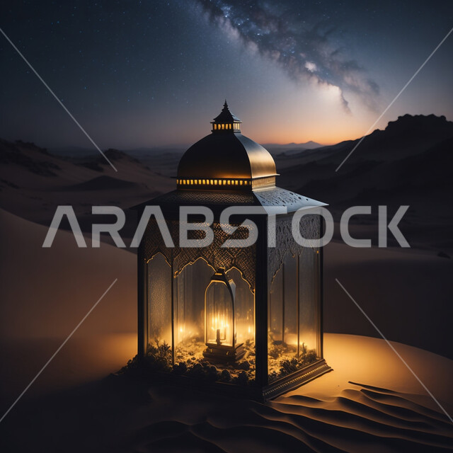  تحف واكسسوارات شهر رمضان المبارك ، مجسمات ثلاثية الابعاد لفانوس معدني مزخرف، زينة وأنوار للاعياد والمناسبات، اسلاميات وعبادة, خلفية  الصحراء ليلا