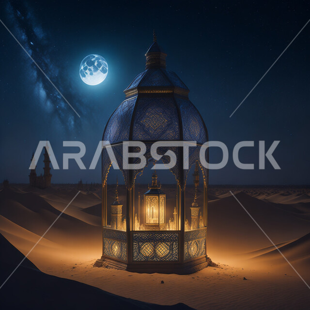  تحف واكسسوارات شهر رمضان المبارك ، مجسمات ثلاثية الابعاد لفانوس معدني مزخرف، زينة وأنوار للاعياد والمناسبات، اسلاميات وعبادة, خلفية  الصحراء ليلا