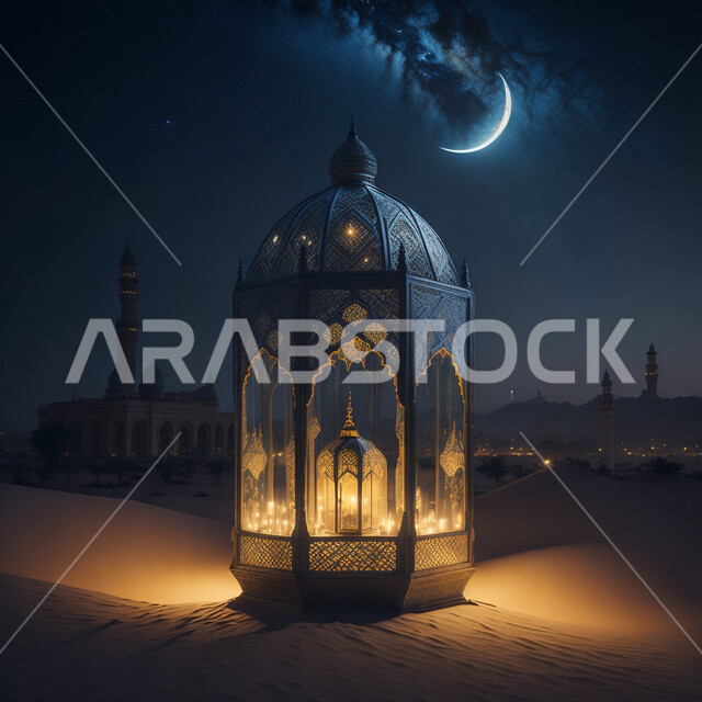  تحف واكسسوارات شهر رمضان المبارك ، مجسمات ثلاثية الابعاد لفانوس معدني مزخرف، زينة وأنوار للاعياد والمناسبات، اسلاميات وعبادة, خلفية  الصحراء ليلا