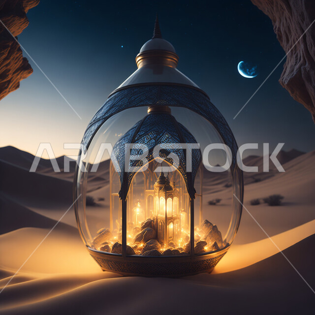 اكسسوارات وتحف شهر رمضان المبارك ، خلفية ثري دي  لمسجد في الصحراء ليلا, مجسمات ثلاثية الابعاد لفانوس زجاجي شفاف، زينة وأنوار للاعياد والمناسبات، اسلاميات وعبادة .